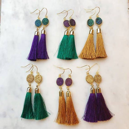 Mardi Gras Druzy Tassel Earrings