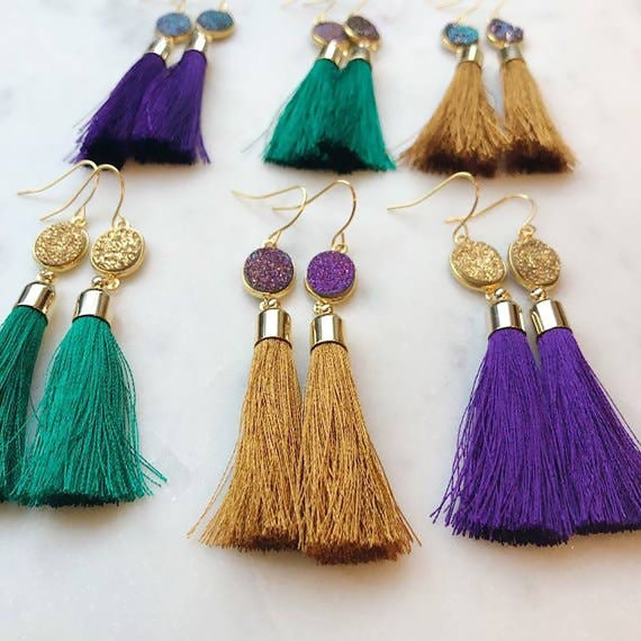 Mardi Gras Druzy Tassel Earrings