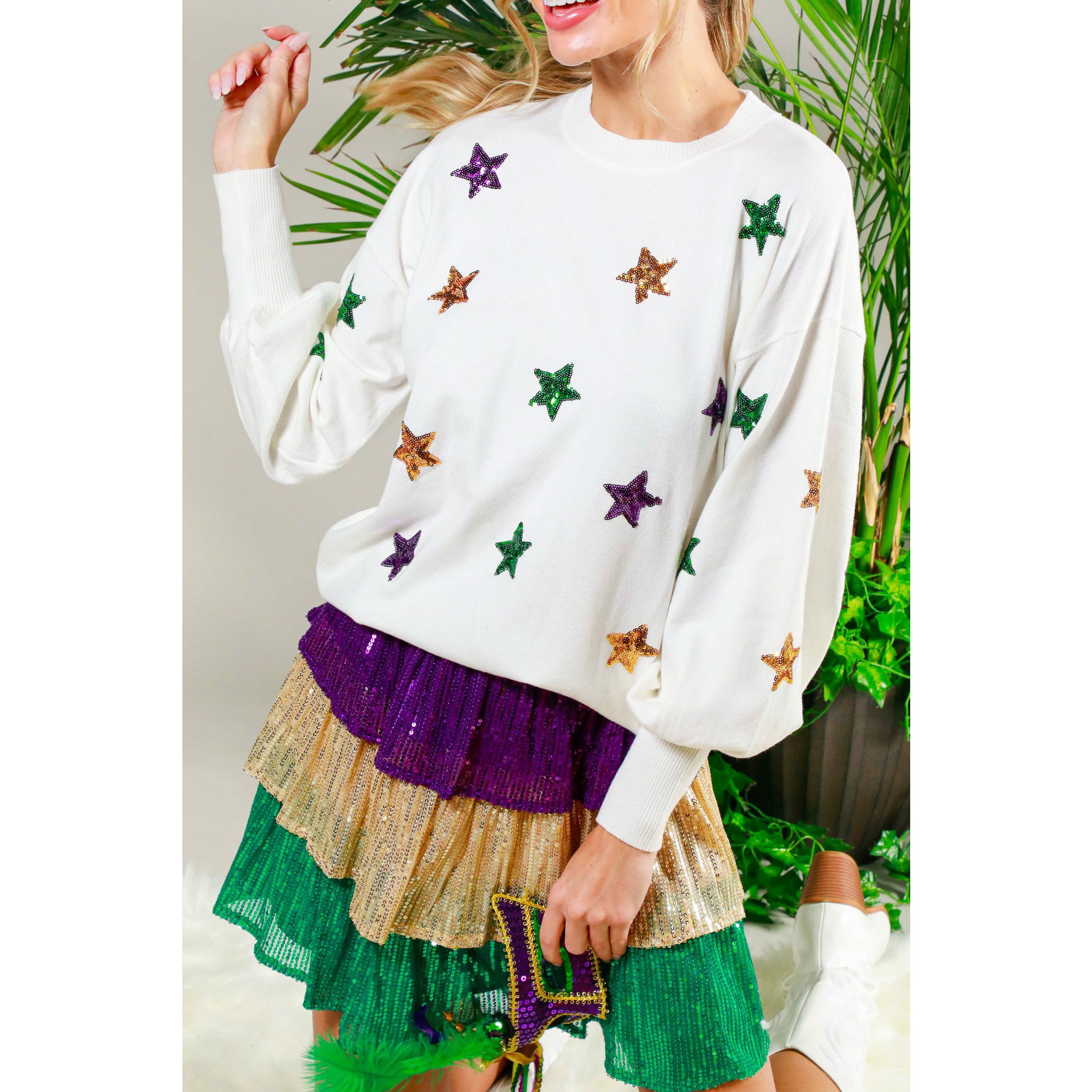 Sequin Stars Mardi Gras Sweater
